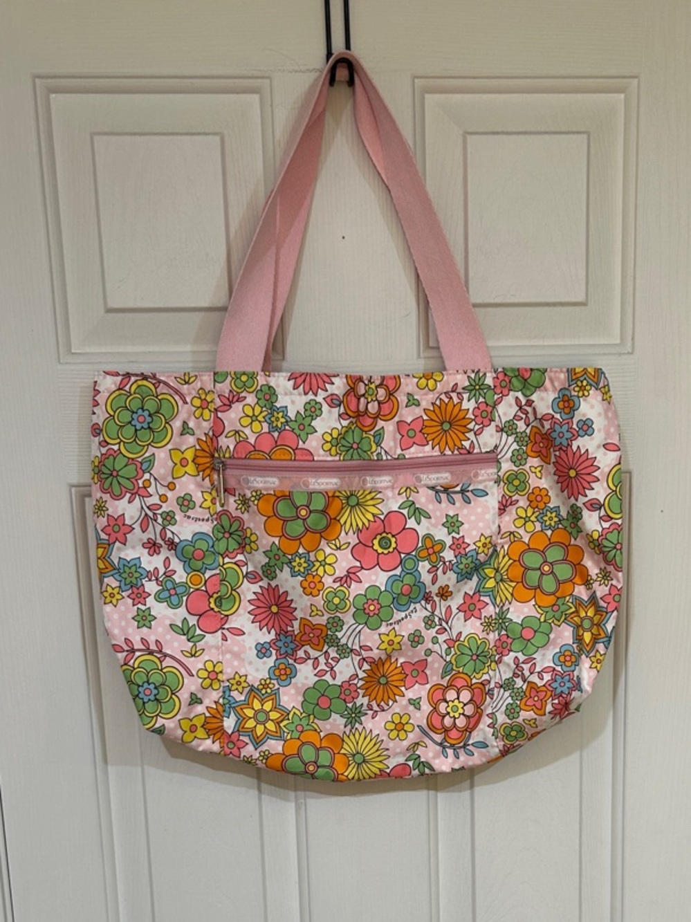 LeSportsac Y2K RetroGroovy 70s Floral Print Large Tote Bag Pink Polka Dots